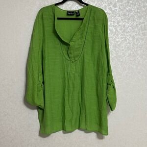 Maggie Barnes Lime Green Tunic Top V-neck Crinkle Blouse Roll Tab Sleeve Boho 2X